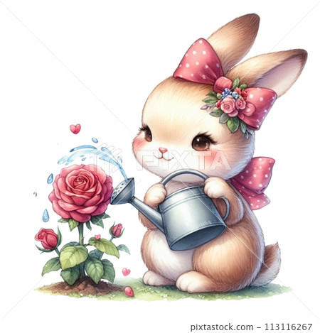 Rabbit waters the rose tree clipart watercolor 113116267