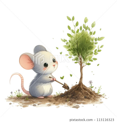 Rat planting a tree clipart watercolor 113116323
