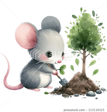 Rat planting a tree clipart watercolor Rat planting a tree clipart watercolor 113116325