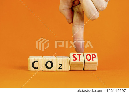CO2 stop symbol. Concept word CO2 or CO2 stop on a beautiful wooden cubes. Beautiful orange table orange background. Businessman hand. Business ecological and CO2 stop concept. Copy space. CO2 stop symbol. Concept word CO2 or CO2 stop on a beautiful wooden cubes. Beautiful orange table orange background. Businessman hand. Business ecological and CO2 stop concept. Copy space. 113116397