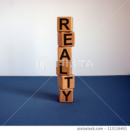 Wooden cubes form the word 'realty' on blue table. Beautiful white background, copy space. Wooden cubes form the word 'realty' on blue table. Beautiful white background, copy space. 113116401