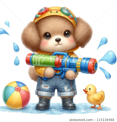 Cute dog holding a water gun clipart watercolor Cute dog holding a water gun clipart watercolor 113116488