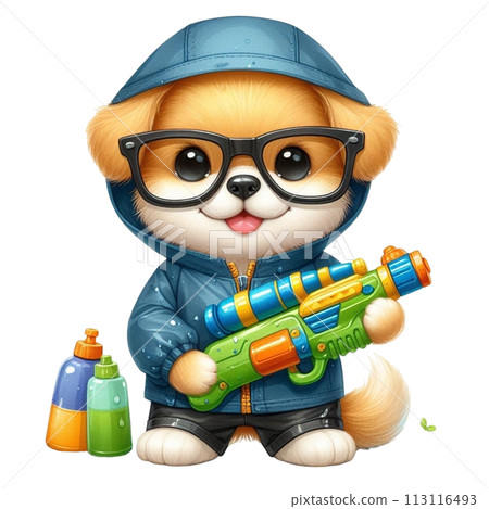 Cute dog holding a water gun clipart watercolor 113116493