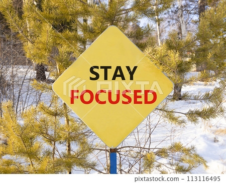 Stay focused symbol. Concept words Stay focused on beautiful yellow road sign. Beautiful forest snow blue sky background. Business, support, motivation, psychological stay focused concept. Copy space Stay focused symbol. Concept words Stay focused on beautiful yellow road sign. Beautiful forest snow blue sky background. Business, support, motivation, psychological stay focused concept. Copy space 113116495