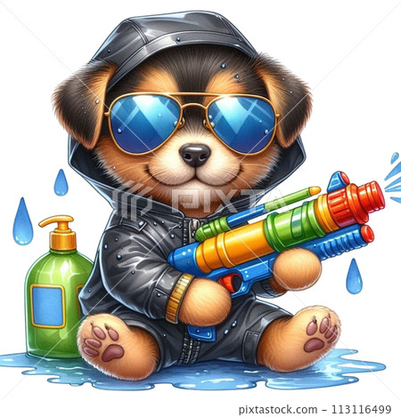 Cute dog holding a water gun clipart watercolor 113116499