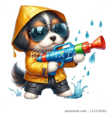 Cute dog holding a water gun clipart watercolor 113116502