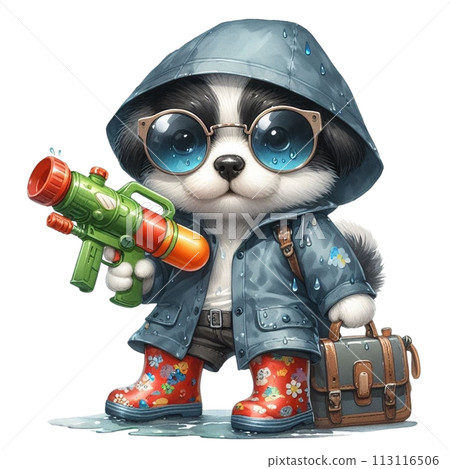Cute dog holding a water gun clipart watercolor 113116506