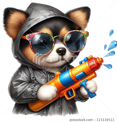 Cute dog holding a water gun clipart watercolor 113116511