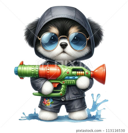 Cute dog holding a water gun clipart watercolor 113116530