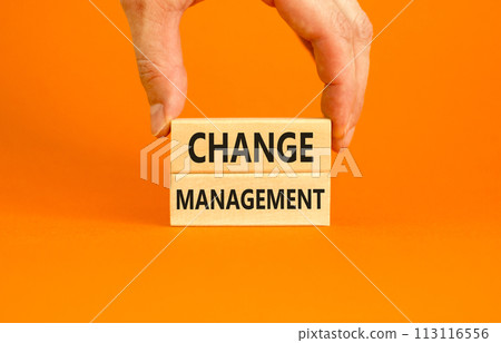 Change management symbol. Concept words Change management on beautiful wooden block. Beautiful orange table orange background. Businessman hand. Business change management concept. Copy space. 113116556