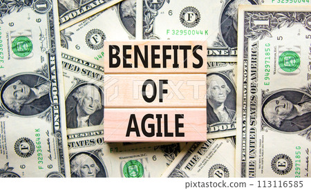 Benefits of agile symbol. Concept words Benefits of agile on beautiful wooden blocks. Dollar bills. Beautiful dollar bills background. Business benefits of agile concept. Copy space. 113116585