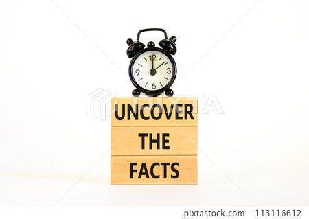 Uncover the facts symbol. Concept words Uncover the facts on wooden blocks on a beautiful white table white background. Black alarm clock. Business and uncover the facts concept. Copy space. Uncover the facts symbol. Concept words Uncover the facts on wooden blocks on a beautiful white table white background. Black alarm clock. Business and uncover the facts concept. Copy space. 113116612