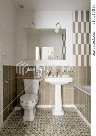 A bathroom with a toilet, sink, mirror, and bathtub 113116810