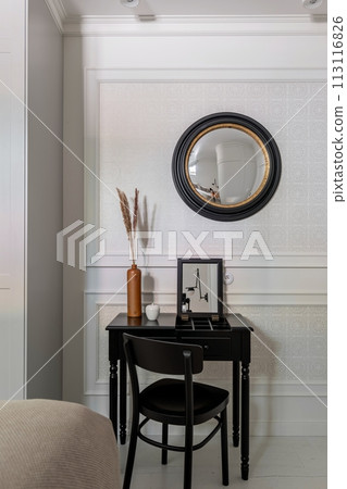 Furniture in house desk, chair, mirror on wood wall fixture Furniture in house desk, chair, mirror on wood wall fixture 113116826