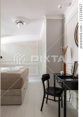 Room with bed, desk, chair, mirror for building interior design Room with bed, desk, chair, mirror for building interior design 113116827