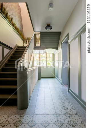 Staircase in a building leading to the second floor 113116839