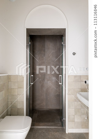 a bathroom with a toilet , sink and shower 113116846