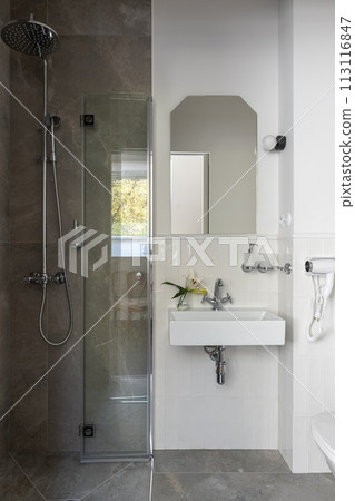 Bathroom with sink, shower, and mirror fixtures in a building 113116847