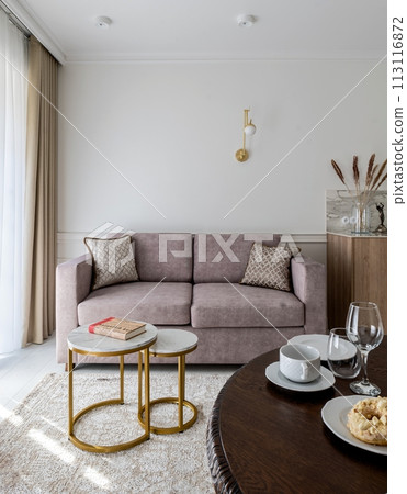 Living room with furniture, tableware, and plates of food 113116872