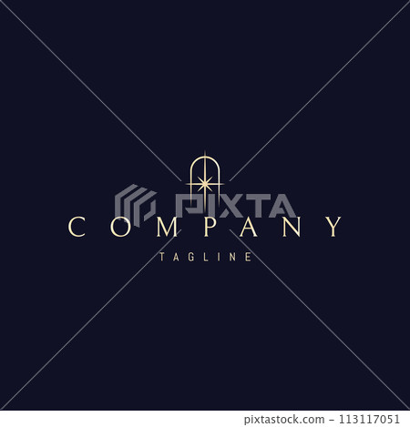 A vector golden logo with an abstract image of a shining star against the backdrop of an arched passage. 113117051