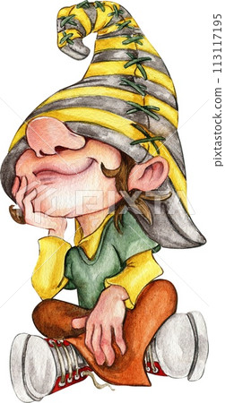 Watercolor hand drawn cute Nordic Scandinavian gnome. Hand drawn illustration . Design for baby shower party, birthday, cake, holiday celebration design, greetings cards, invitation. 113117195