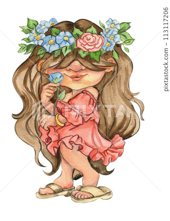 Watercolor hand drawn cute Nordic Scandinavian gnome. Hand drawn illustration . Design for baby shower party, birthday, cake, holiday celebration design, greetings cards, invitation. 113117206