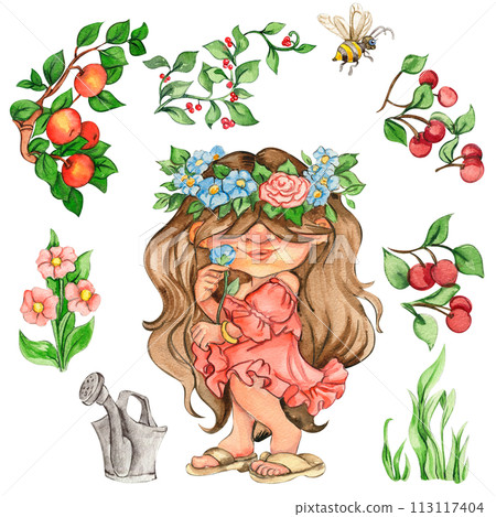 Watercolor hand drawn cute Nordic gnomes, Scandinavian gnomes and flowers and leaves watercolor illustration. Design for baby shower party, birthday, cake, holiday celebration, greetings cards. 113117404