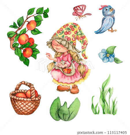 Watercolor hand drawn cute Nordic gnomes, Scandinavian gnomes and flowers and leaves watercolor illustration. Design for baby shower party, birthday, cake, holiday celebration, greetings cards. 113117405