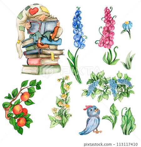 Watercolor hand drawn cute Nordic gnomes, Scandinavian gnomes and flowers and leaves watercolor illustration. Design for baby shower party, birthday, cake, holiday celebration, greetings cards. Watercolor hand drawn cute Nordic gnomes, Scandinavian gnomes and flowers and leaves watercolor illustration. Design for baby shower party, birthday, cake, holiday celebration, greetings cards. 113117410