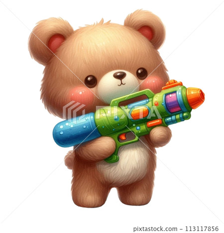 Bear holding a water gun  clipart watercolor 113117856