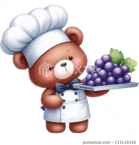 Bear wearing a chef's uniform holding grapes  clipart watercolor 113118338