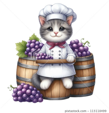 cat holding grapes clipart watercolor 113118499