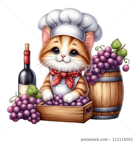 cat holding grapes clipart watercolor 113118501