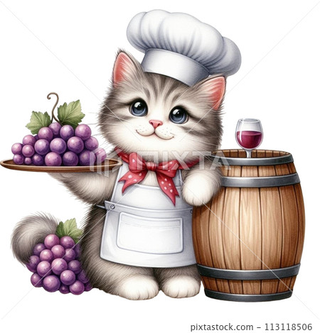 cat holding grapes clipart watercolor 113118506