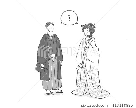 A white bride with a troubled face and a groom in a hakama, bride and groom, Japanese wedding ceremony, monochrome 113118880