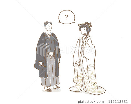 A bride in white with a troubled look on her face, a groom in a hakama, the bride and groom, and a Japanese-style wedding 113118881