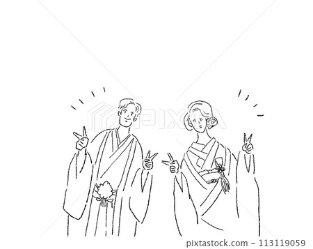 新娘穿兩件套，新郎穿袴，日式婚禮，婚禮，線條畫 113119059