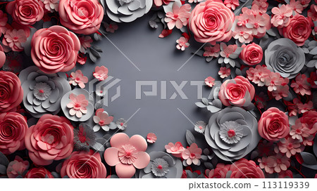 Blank in the middle frame 3d rose flowers leaf background wedding wallpaper 113119339