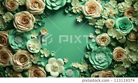 Blank in the middle frame 3d rose flowers leaf background wedding wallpaper 113119374
