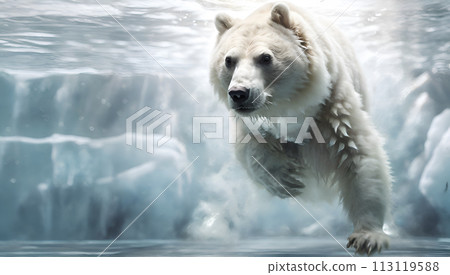 handsome white bear diving under water in Arctic ocean. close up. Digital artwork. Ai generated 113119588
