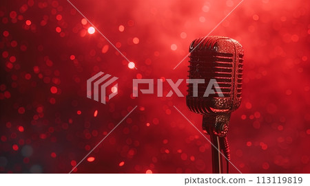 vintage microphone in shiny red background, copy space 113119819