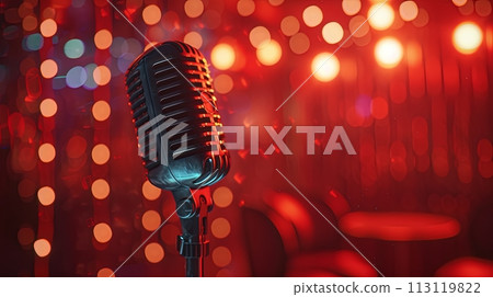 vintage microphone in shiny red background, copy space 113119822