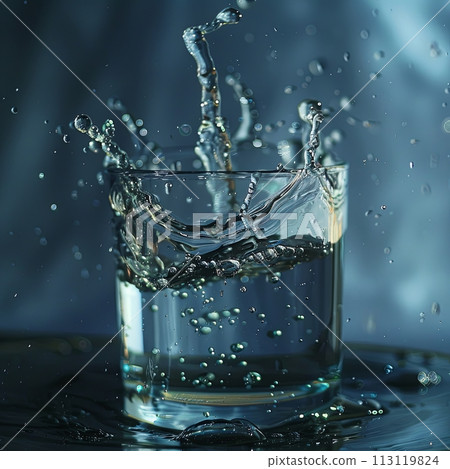 water splashing from glass on dark blue background 113119824