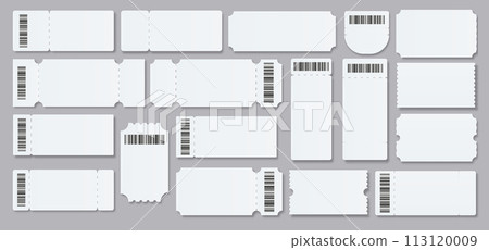 Ticket Empty template. Concert movie theater boarding blank white tickets lottery coupons . Vector Ticket Empty template. Concert movie theater boarding blank white tickets lottery coupons . Vector 113120009