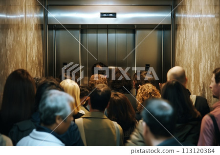 Office building elevator queue Office building elevator queue 113120384