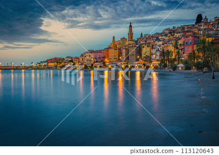 Old colorful mediterranean seaside buildings in Menton at dawn, France 113120643