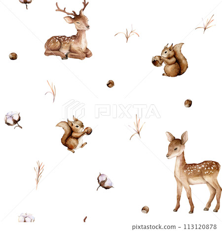 Watercolor seamless pattern with deer and squirrel forest animals and hazelnut. Cute childrens repeat wallpaper muted colored. Flowers and leaves isolated on background. Hand painted illustration Watercolor seamless pattern with deer and squirrel forest animals and hazelnut. Cute childrens repeat wallpaper muted colored. Flowers and leaves isolated on background. Hand painted illustration 113120878