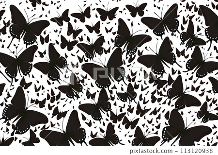 Flock of butterflies silhouette illustration. Black butterflies on white background with watercolor splashes. Seamless pattern with butterflies. Flock of butterflies silhouette illustration. Black butterflies on white background with watercolor splashes. Seamless pattern with butterflies. 113120938