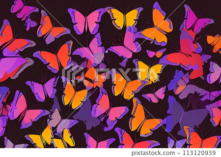 Flock of butterflies silhouette illustration. Black butterflies on white background with watercolor splashes. Seamless pattern with butterflies. 113120939
