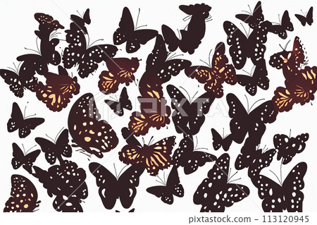 Flock of butterflies silhouette illustration. Black butterflies on white background with watercolor splashes. Seamless pattern with butterflies. 113120945